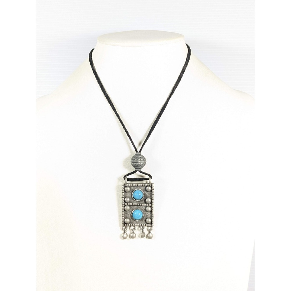Blue Cabochon Pendant Necklace Silver Tone Native Style Black Cord 16"